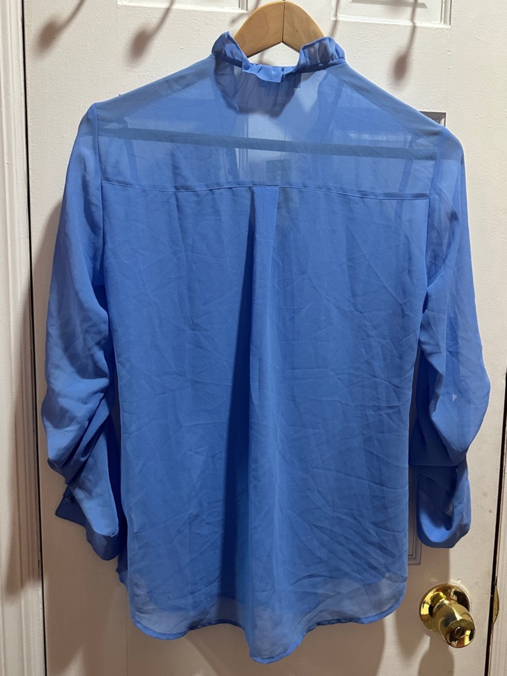Express Blue Ruffle-Trim Button Blouse - Picture 2 of 6